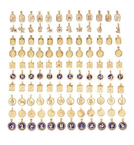 A Collection of 14 Karat Yellow Gold Zodiac Charm Pendants, 225.40 dwts.