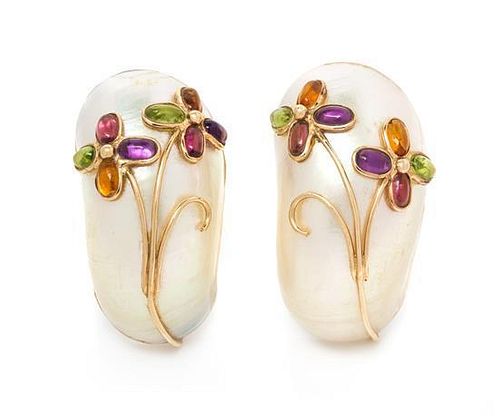 A Pair of 14 Karat Yellow Gold, Shell and Multigem Earclips, MAZ 15.40 dwts.