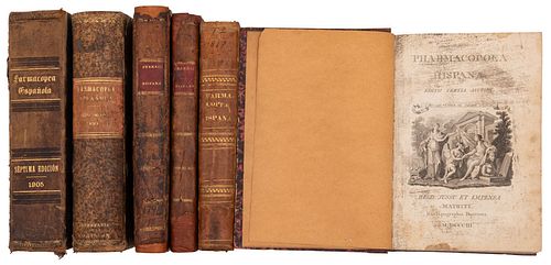 Colección de las Primeras Siete Ediciones de la Farmacopea Española Oficial (Falta 5ta). Madrid, 1794, 1797, 1803, 1817, 1884, 1905.