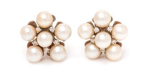 A Pair of 14 Karat White Gold, Cultured Pearl and Diamond Earrings, 6.20 dwts.