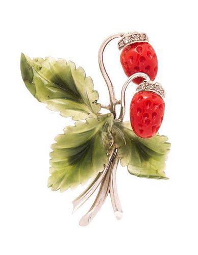 A 14 Karat White Gold, Coral, Nephrite Jade, and Diamond Strawberry Motif Brooch, 6.30 dwts.