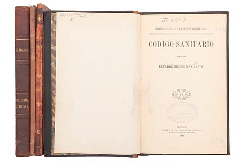 Margain, José/ Virchow/ Ramírez, Román/ Código Sanitario...  Libros sobre Medicina Legal. Siglos XIX y XX. Piezas: 4.