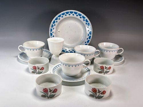 CORELLE CUPS & SAUCERS, ENAMEL PLATES, REAL BRAND CUPS