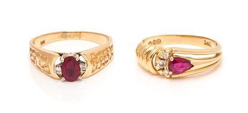 A Collection of 14 Karat Yellow Gold, Ruby and Diamond Rings, 4.60 dwts.