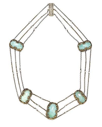 An Art Nouveau Yellow Gold, Turquoise and Seed Pearl Swag Necklace, 30.30 dwts.