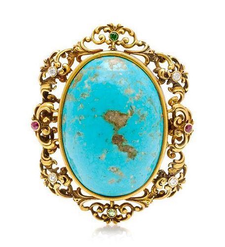 An Art Nouveau Yellow Gold, Turquoise, Diamond, Demantoid Garnet, and Ruby Brooch, 23.50 dwts.