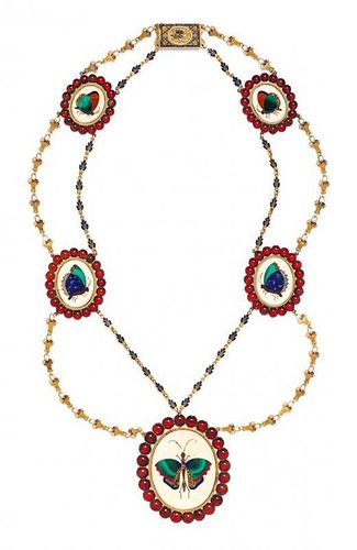 A Yellow Gold, Polychrome Enamel and Multigem Butterfly Motif Pietra Dura Swag Necklace, 26.90 dwts.