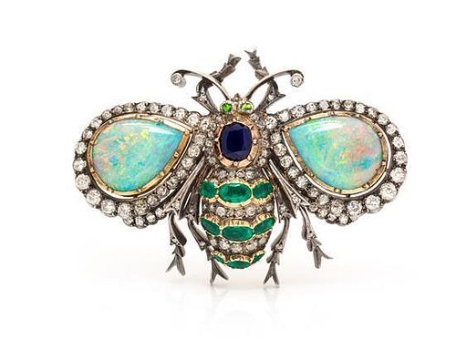 A Victorian Silver Topped Gold, Diamond, Sapphire, Emerald, and Opal Insect Brooch, 14.90 dwts.
