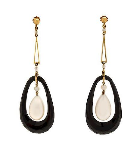 A Pair of Yellow Gold, Onyx, and Cultured Pearl Earrings, 5.80 dwts.