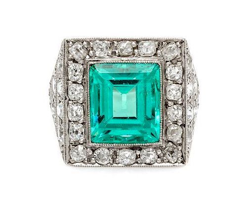 An Art Deco Platinum, Emerald, and Diamond Ring, 4.80 dwts.