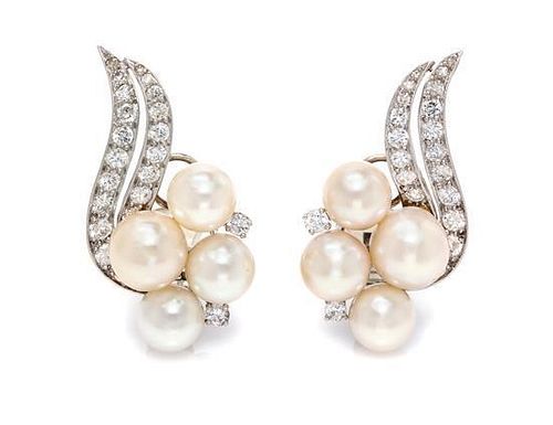 * A Pair of Platinum, Diamond and Cultured Pearl Earclips, Circa 1950, 14.60 dwts.