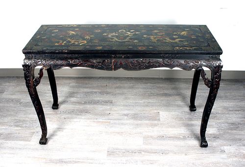 VIBRANT CHINESE LACQUER TABLE WITH DRAGON PAINTING & SCHOLAR MOTIFS