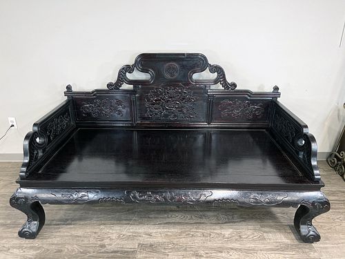 ORNATE ZITAN CHINESE DAYBED WITH CARVED FLORALS