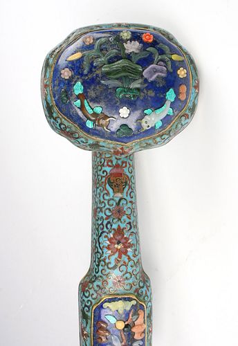 ANTIQUE CHINESE CLOISONNÃ‰ RUYI SCEPTER WITH HARDSTONE