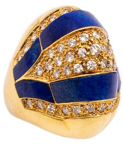 Mid Century Cocktail Ring In 18Kt Gold With 1.53 Cts In Diamonds And Lapis Lazuli