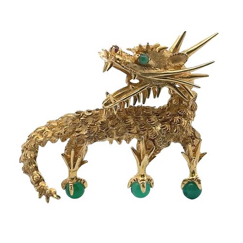 Cellino 18kt Gold Dragon Brooch with Chrysoprase
