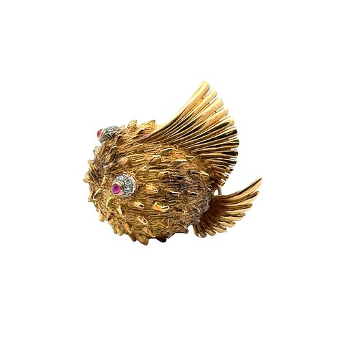 18k Gold Blowfish Brooch with Diamonds and Rubies