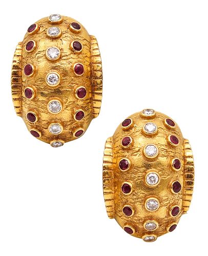 Lalaounis 1970 Clips On Earrings In 18Kt Gold With 3.32 Ctw In Diamonds And Rubies