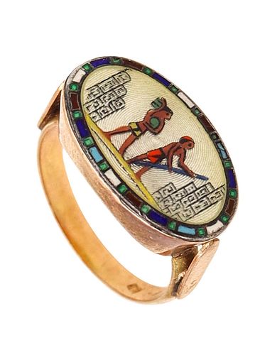 Austrian 1920 Deco Egyptian Revival Ring In 14K Gold With Guilloche Enamel