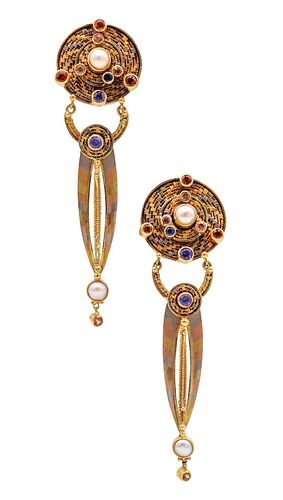 Vicki Eisenfeld Rare Mokume Drop Earrings In 22Kt Gold With Gemstones