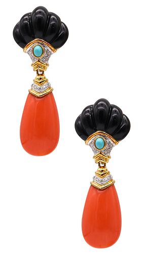 Italian Convertible Coral Drop Earrings In 18Kt Gold With 57.44 Ctw In Diamonds And Onyx