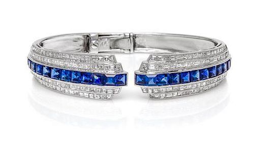 A Platinum, Sapphire and Diamond Cuff Bracelet, 30.40 dwts.