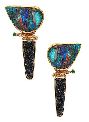 Jennifer Kalled Clip Earrings In 18Kt Gold With Opals Tsavorite & Druzy