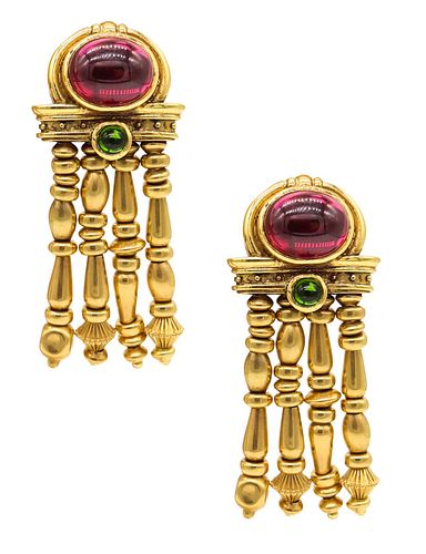 SeidenGang Etruscan Long Drop Earrings In 18K Gold With 15.76 Cts In Tourmalines