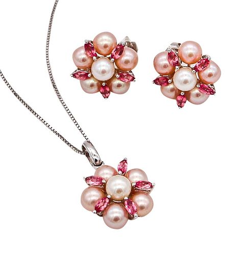 Contemporary Earrings And Necklace Suite In 14Kt Gold With 1.07 Cts In Pink Sapphires And Pearls