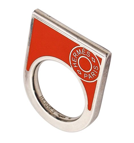 Hermes Paris 1980 Geometric Ring In Solid .925 Sterling Silver With Orange Enamel