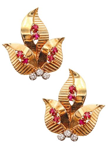 Tiffany Co. 1950 Retro Modern Earrings In 14Kt Gold With Rubies And Diamonds