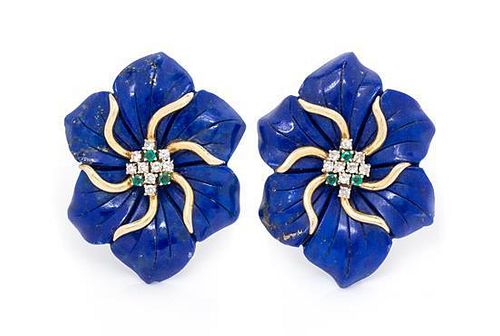 A Pair of Yellow Gold, Lapis Lazuli, Emerald and Diamond Floral Motif Earclips, 14.00 dwts.
