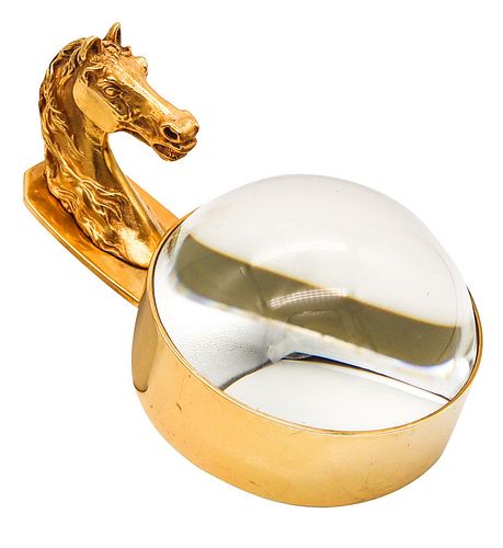 Hermes Paris 1960 Vintage Horse Motif Desk Magnifier Glass In 18Kt Gilded Silver