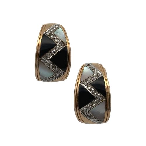 Onyx, mother of Pearl and Diamonds 14k Gold Earrings