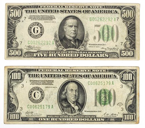 Series 1934 Five Hundred Dollar Federal Reserve Note & Series 1928 One Hundred Dollar Federal Reserve Note, H 3" W 6.5" 2 pcs
