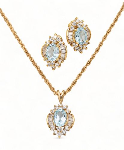 Aquamarine, Diamond, And Yellow Gold Pendant And Earrings