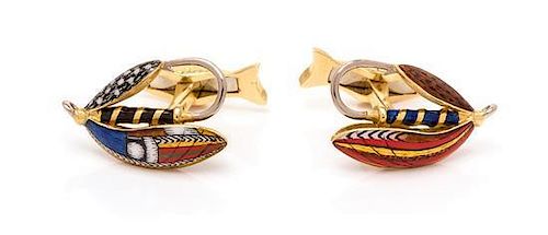 A Pair of 18 Karat Bicolor Gold and and Polychrome Enamel Cufflinks, Deakin & Francis, 13.65 dwts.