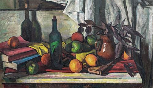 STILL LIFE OF BOOKS, BOTTLES AND FRUITS OIL PAINTING