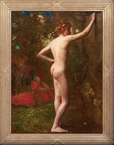 NUDE BOY POSING AS A YOUNG BACCHUS OIL PAINTING