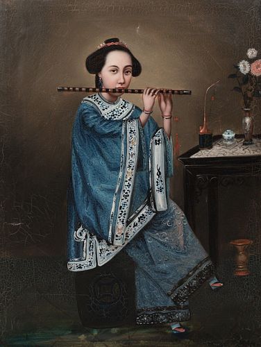 PORTRAIT OF A CHINESE LADY PLAYING THE FLUTE OIL PAINTING