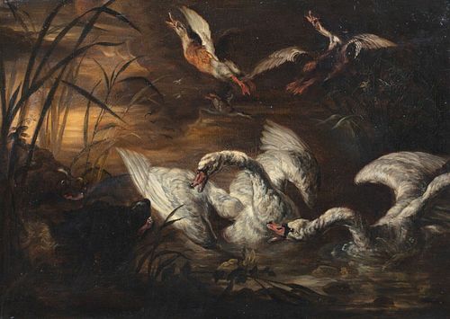  DOGS ATTACK SWANS & DUCKS OIL PAINTING