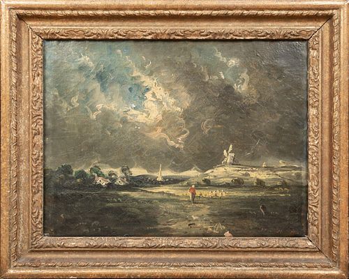 VIEW OF A FIGURE IN A CLOUDY LANDSCAPE OIL PAINTING