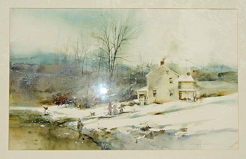 Carolyn Anderson Watercolor, Winter Genre Scene