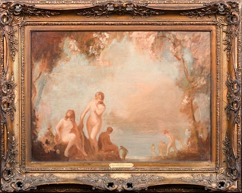  SKETCH OF NUDE BATHERS OIL PAINTING