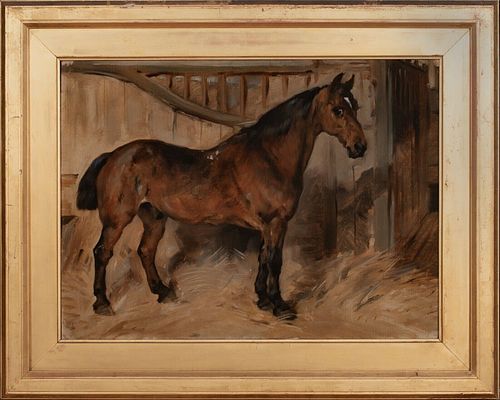 PORTRAIT OF A BAY CARRIAGE HORSE OIL PAINTING