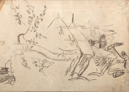 Paul Gauguin (French, 1848-1903) Crayon on Paper, Laid Down, Ca. 1880-85, "Paysage Aux Meules, Arles", H 6" W 9"