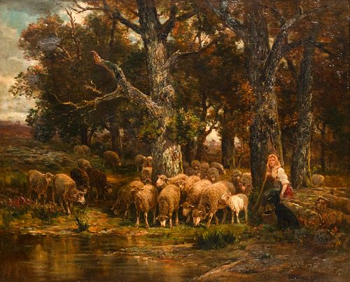 James Desvarreux-Larpenteur (American/French, 1847-1937) Oil on Canvas on Board Ca. 1870-1900, "Shepherdess", H 23" W 28"