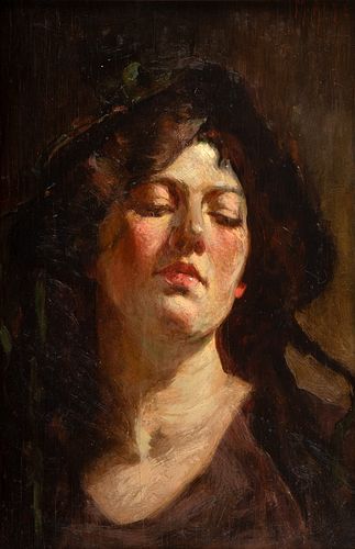 Mathias Alten (American, 1871-1938) Oil on Wood Panel "Portrait of a Lady", H 13.25" W 9"