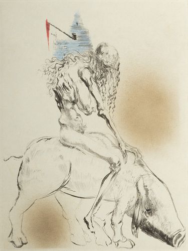 Salvador Dali (Spanish, 1904-1989) Drypoint And Etching on Japon Paper, 1969, "Femme Au Couchon, from Faust", H 12.5" W 9.37"