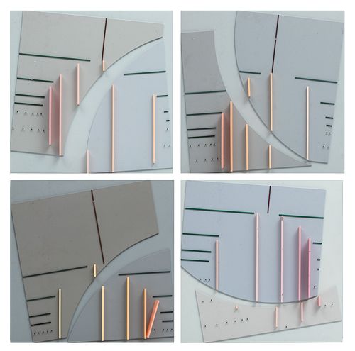 David Barr (American, 1940-2015) Acrylic And Masonite on Steel Structural Relief #329, 330, 331, 332 1994, "Dawn", H 24" W 24" 4 pcs